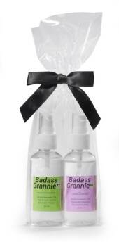 Badass Grannie natural hand sanitizer spray with lavender and peppermint essential oils, 70% alcohol, glycerin moisturizing formula, travel size made in USA