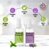 Badass Grannie natural hand sanitizer spray with lavender and peppermint essential oils, 70% alcohol, glycerin moisturizing formula, travel size made in USA